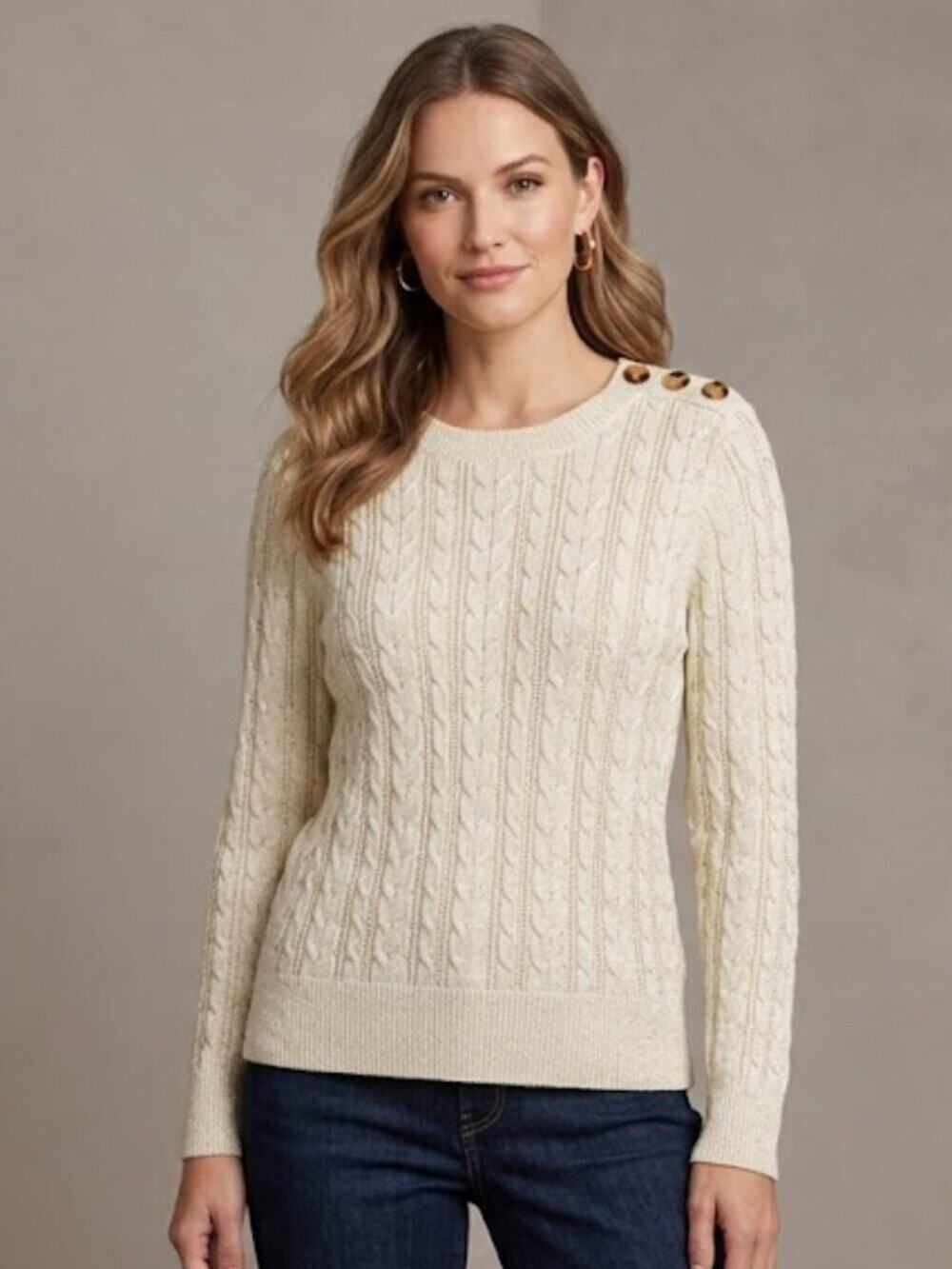 Charter Club Cream Cable-Knit Shimmer Sweater NWT Size L Shoulder Button